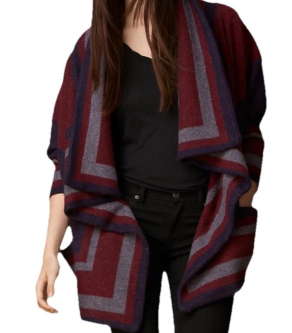 Burberry Brit Wool Alpaca Blanket Wrap Poncho Sweater Cape Medium Red Blue Grey